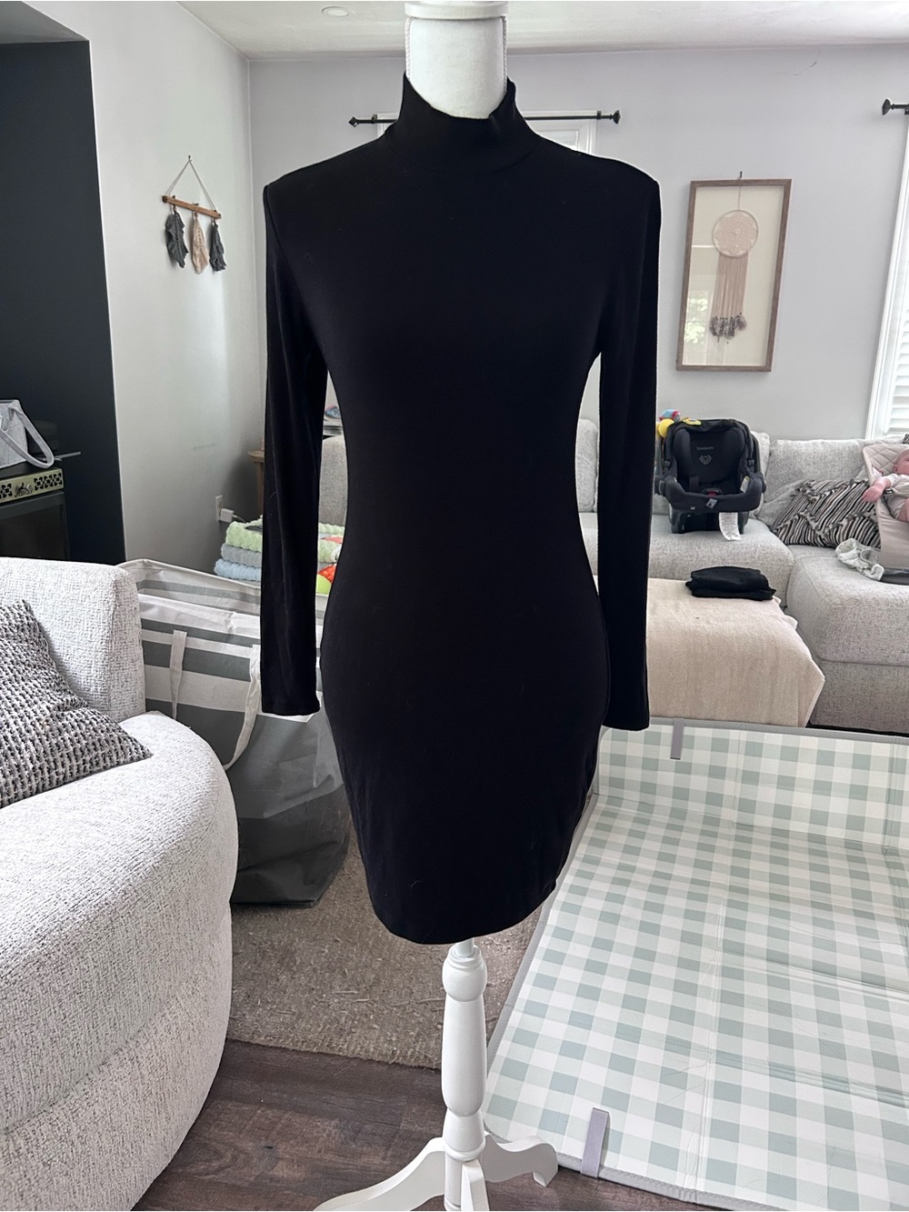 Classic Black Long-Sleeve Ribbed Mock Neck Dress